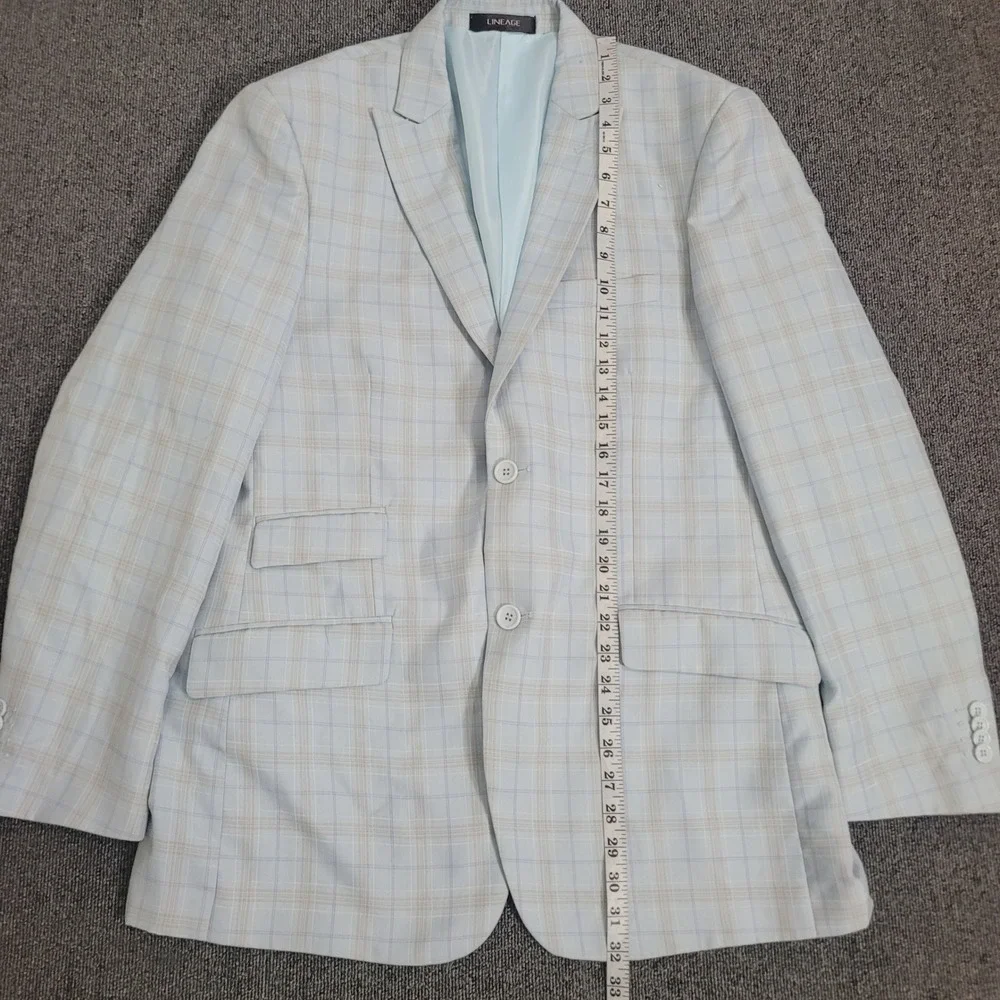 Lineage 40R W34 3 Piece Suit Mens Aqua Blue Plaid Blazer Trousers Viscose Blend